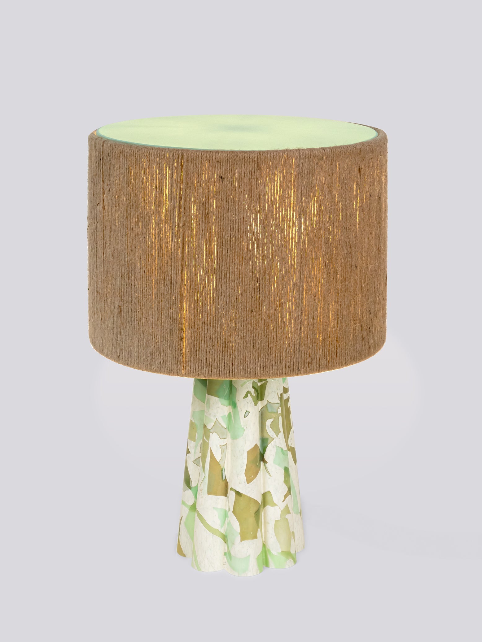 Green Bucket Lamp with rope shade, lit