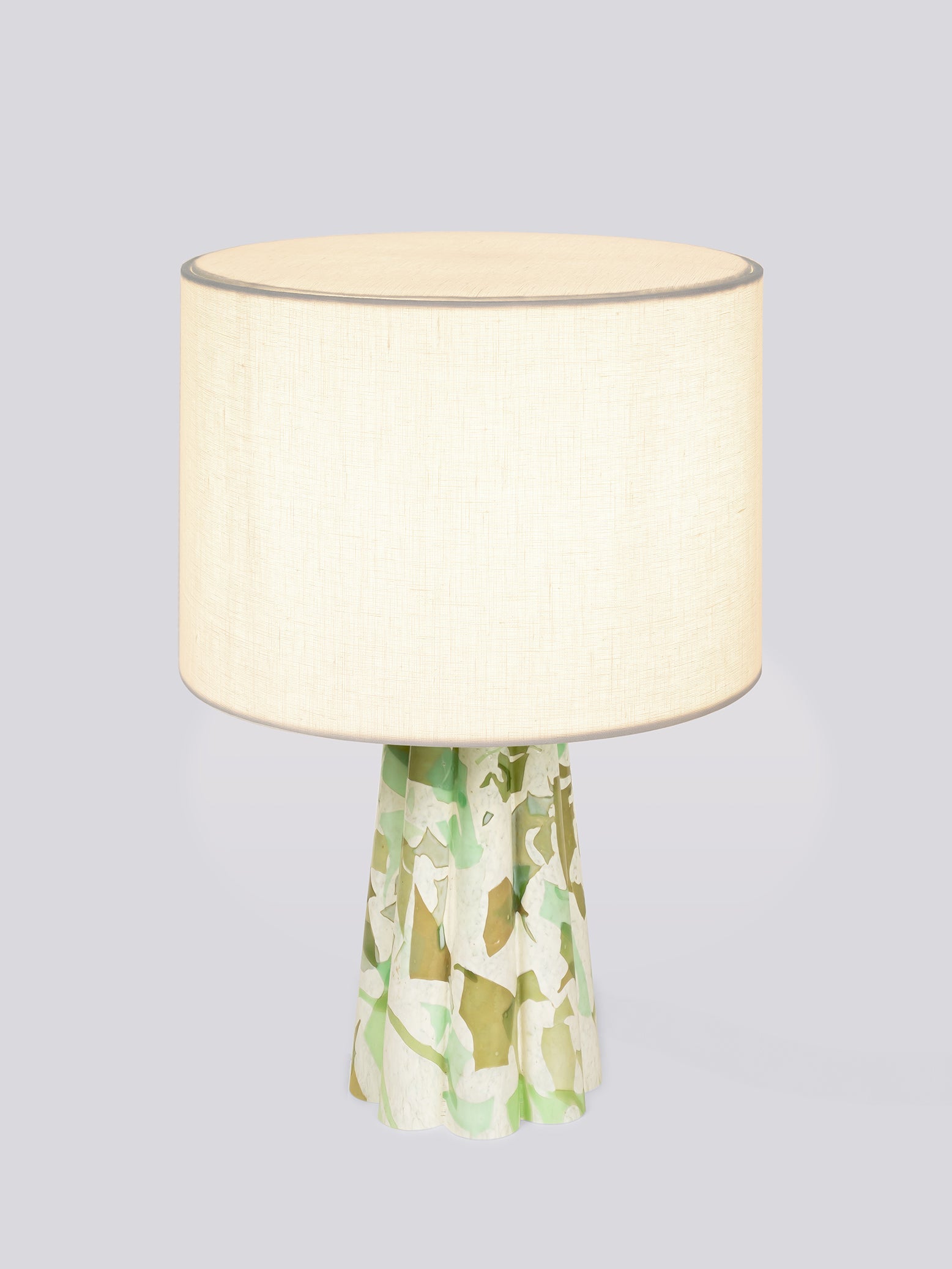 Green Bucket Lamp with linen shade, lit