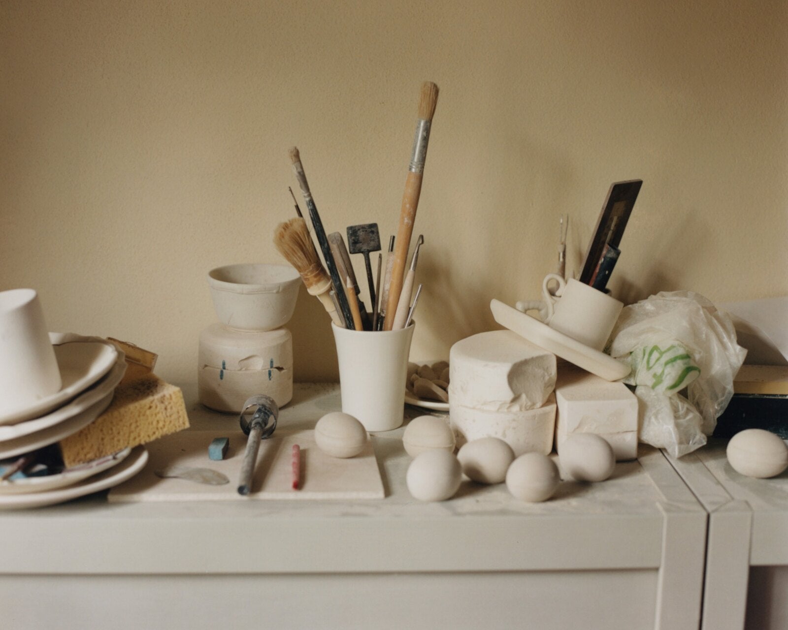 Ceramicist's bench in Este, Veneto, Italian ceramics made to order